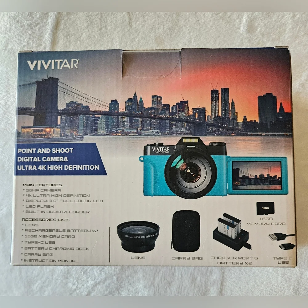 NEW Vivitar VEC XX101 Digital Zoom Lens Selfie Camera Turquoise 4K Bonus Lens